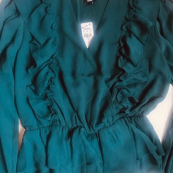 Express Teal Ruffle Wrap Peplum Blouse NWT - Picture 5 of 7